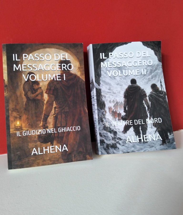 I due volumi de Il Passo del Messaggero, romanzo storico di Alhena: Il Giudizio nel Ghiaccio e Il Ventre del Nord