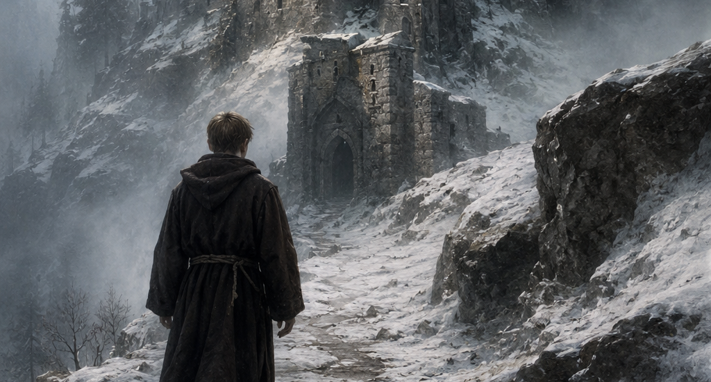Giovane monaco incappucciato cammina verso un'abbazia fortificata tra neve e nebbia, scena del romanzo storico Il Codice della Torre