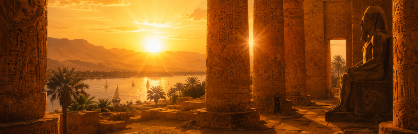 Colonne di un tempio egizio al tramonto con statua sacra e vista sul Nilo, ambientazione del romanzo storico Il Giudizio della Stella