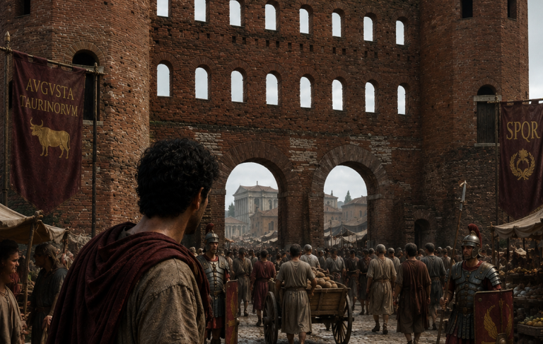 Il messaggero romano Marcus Valerio attraversa la Porta Palatina di Torino, ambientazione del romanzo storico Il Passo del Messaggero