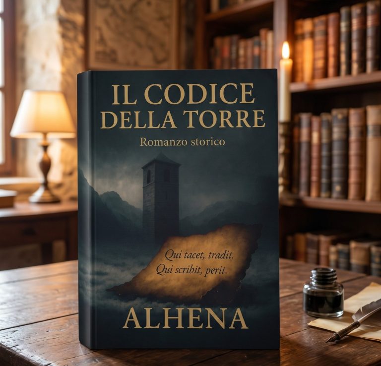 Il Codice della Torre, romanzo storico di Alhena Copertina de Il Codice della Torre, romanzo storico di Alhena: una torre tra le montagne e una pergamena con un motto latino