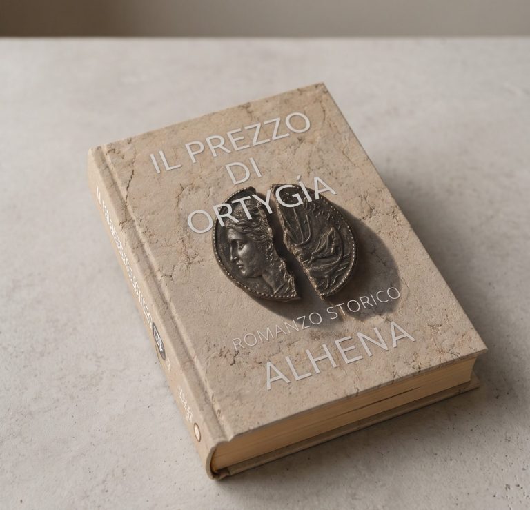 Il prezzo di Ortygía, romanzo storico di Alhenaa Copertina de Il prezzo di Ortygía, romanzo storico di Alhena: una moneta greca spezzata su pietra chiara.