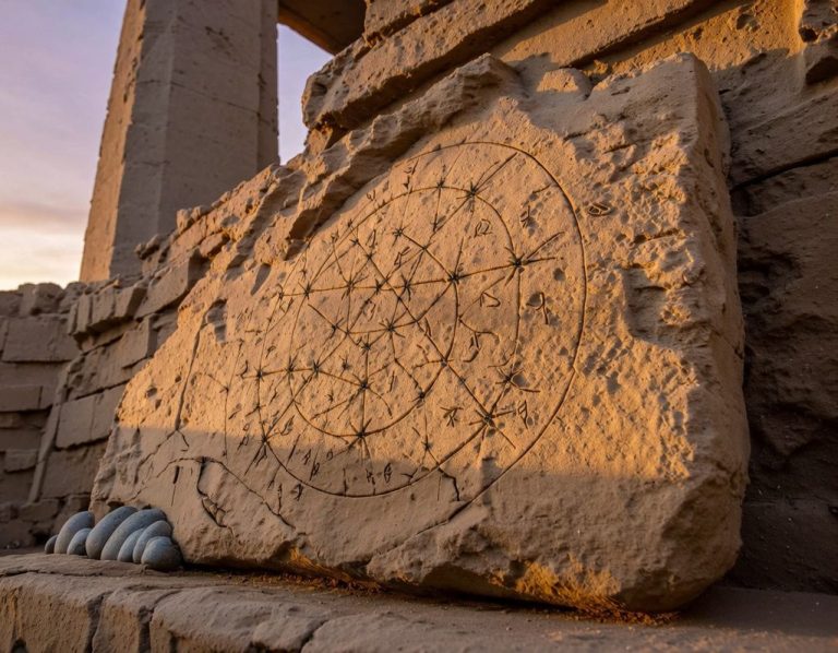 Diagramma geometrico di allineamento astronomico su un muro di tempio antico, archeoastronomia nei romanzi di Alhena Cronache